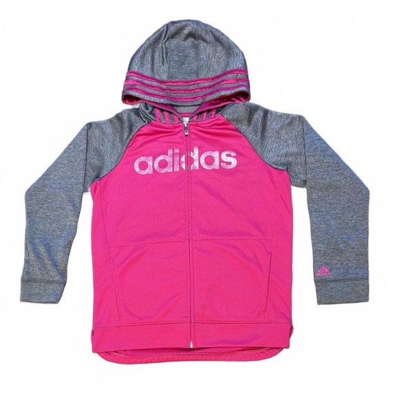 Adidas Girls Full Zip Hoodie Jacket Pink Gray Athleisure Size M (10/12) - Picture 1 of 6